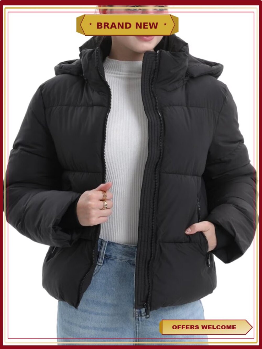 Women Puffer Jacket Hood Winter Water Repellent Wind-resistant Quilted Coat